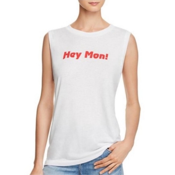 WILDFOX White Red Graphic Tee Letters Hey Mon Monday Sleeveless Muscle Tshirt - Picture 15 of 15